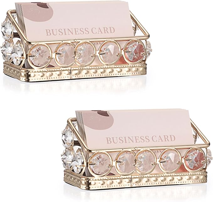 Hipiwe 2 Packs Crystal Business Card Holder with Gold Metal for Office Desk | Bling Business Card Display Stand for Women, Name Cards Storage Organizer with Mirror Base