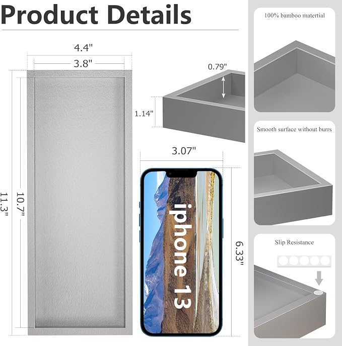 ZHWS Bathroom Vanity Tray for Toilet Tank, Perfume, Jewelry, Candle, Makeup, Decorative Tray, Kitchen Tray Counter Organizer for Soap Dispenser, Coffee Table Silver 11.3”L x 4.4”W x 1.14”H