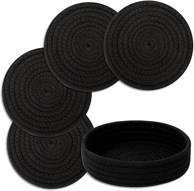 Trivets for Hot Dishes, Pots and Pans, Heat Resistant Hot Pads with Storage Basket, Pot Holders for Kitchen Countertop, Trivet Mats Home Essentials Farmhouse Decor (Black 4 Pcs)