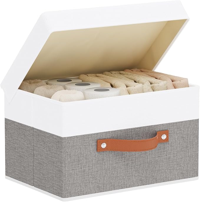 Storage Bin with Lid,White/Grey Basket,1Pack,13x9.1x7.9In | Storage Baskets with Handles,Fabric Clothing Boxes, Collapsible Organizer,Closet Container Cubes for Shelves Wardrobe