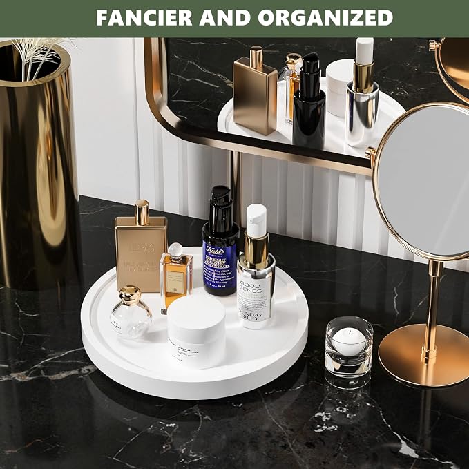 Turntable Vanity Tray 9 Inch for Perfume Candle, Bamboo Kitchen Sink Countertop Organizer for Keep Glass, Sponge and Soap Bathroom Countertop Organizer White