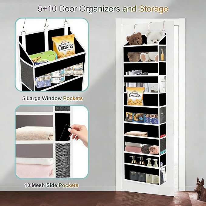 Over The Door Organizer Closet,5 Bins 10 Side Pockets,Hanging Organizer,Anti Tilt 44 lbs Load Door Organizers and Storage with Clear Window for Bedroom,Nursery,Rv,Bathroom,Camper(Pure Black)
