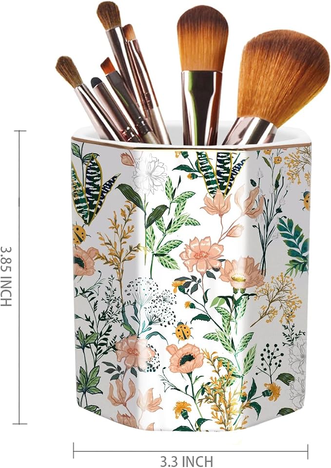 Cute Ceramic Pen Holder for Desk, Pencil Cup Pot, Makeup Brush Holders, Desk Accessories & Workspace Organizers for Home, Office, White Flower