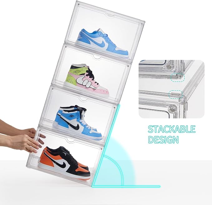 Sneaker Shoe Display Case,Shoe Box with Clear Magnetic Door,Thicken & Sturdy Organizer Containers Stackable,Fit Shoe Size Up to US 14 (X-Large) (X-Large-3pack)