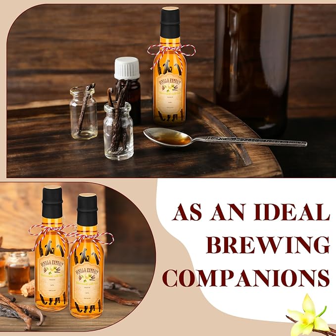 Tioncy 16 Pcs Empty Vanilla Extract Bottles for Homemade Vanilla Jar Glass Bottle with Cap, Shrink Band, Sticker DIY Crafts Wedding Gift Food Storage Canister for Bean(Black,5 oz)