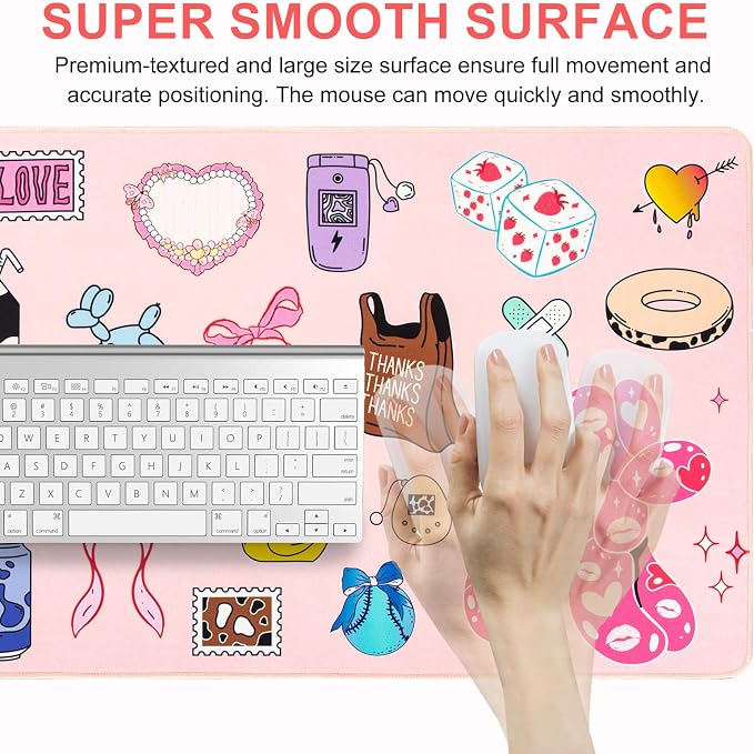 L-SPOUTTO Cute Desk Mat for Keyboard and Mouse,Girly XXL Large Mouse Pad | Non-Slip Keyboard Pad Waterproof Desktop Mat for Laptop Computer Work Game Home Office-Cartoon Pink