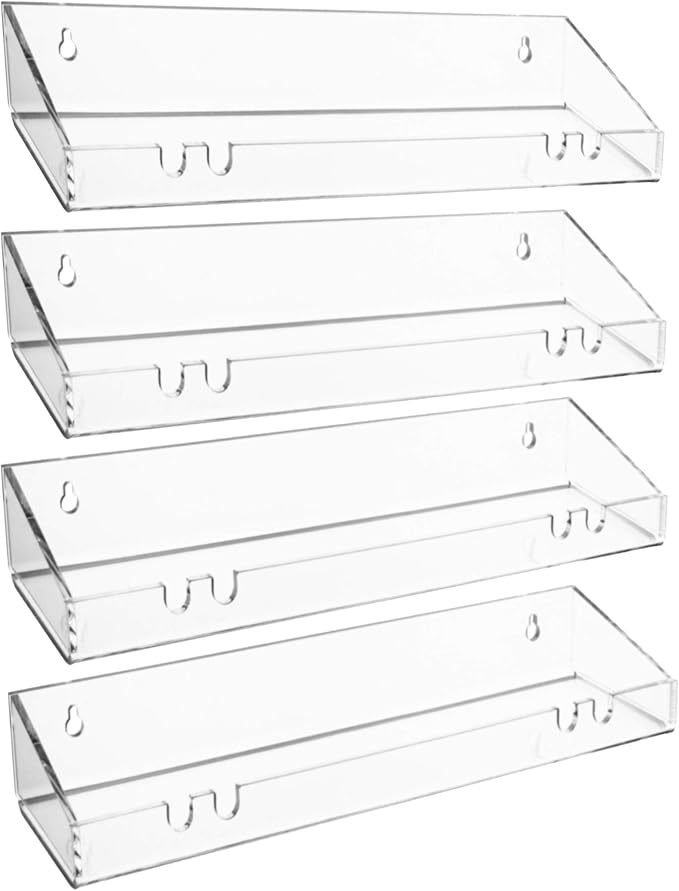 AMT 4 Pack Acrylic Floating Shelves, 15" L x 4" W, Clear Bathroom Wall Shelf, Bookshelves, Invisible Display for Office, Bedroom, Hanging Slots for Bath Sponge & Others Items, Free Screws & Drill Bit