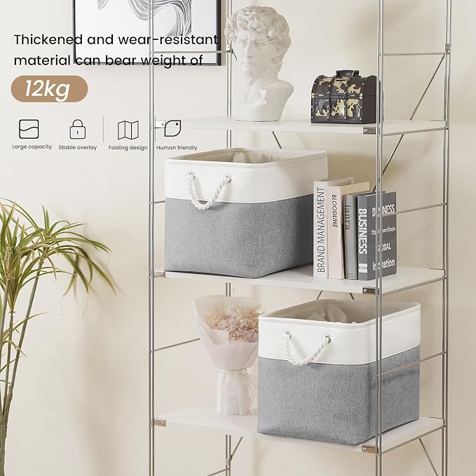 Large Storage Baskets- 16x12x12 inch Storage Bins for Shelves and Closet Organizing, Foldable Fabric Bin for Home Organization Clothes and Laundry (1-Pack, White&Gray)