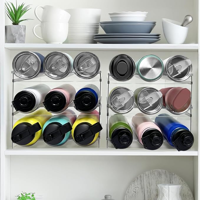 Spaclear 3 Pack Water Bottle Organizer for Cabinet, Stackable Water Bottle Holder, Plastic Cup Storage Organizer for Kitchen Cabinet Organizers and Storage, Tumbler Storage Cup Rack for Pantry Counter