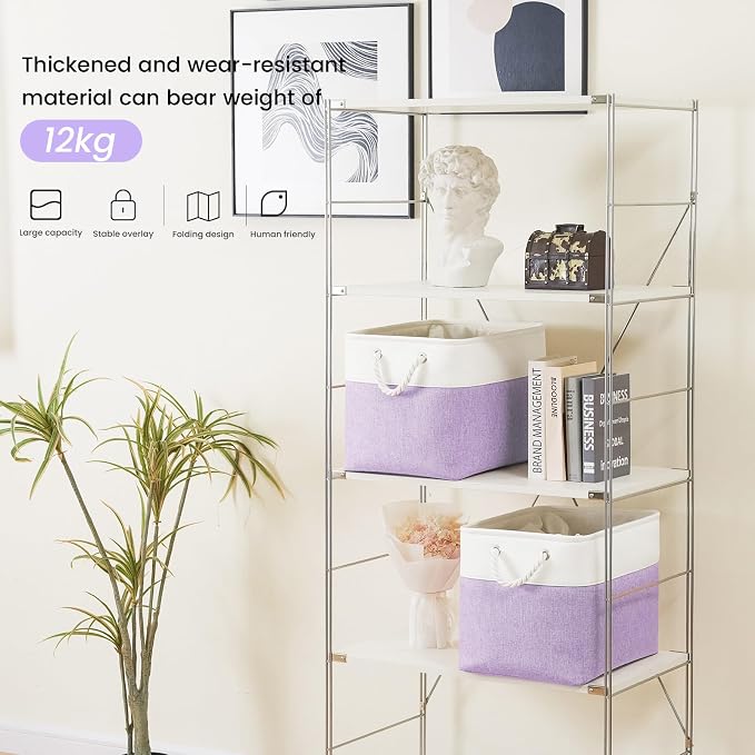 16x12x12 In Foldable Fabric Large Storage Bins with Handle 3 Pack | Storage Basket with Draw String Top, Sturdy Metal Strand, Cardboard Support Molding, for Shelf, Closet, Bedroom, White/Purple