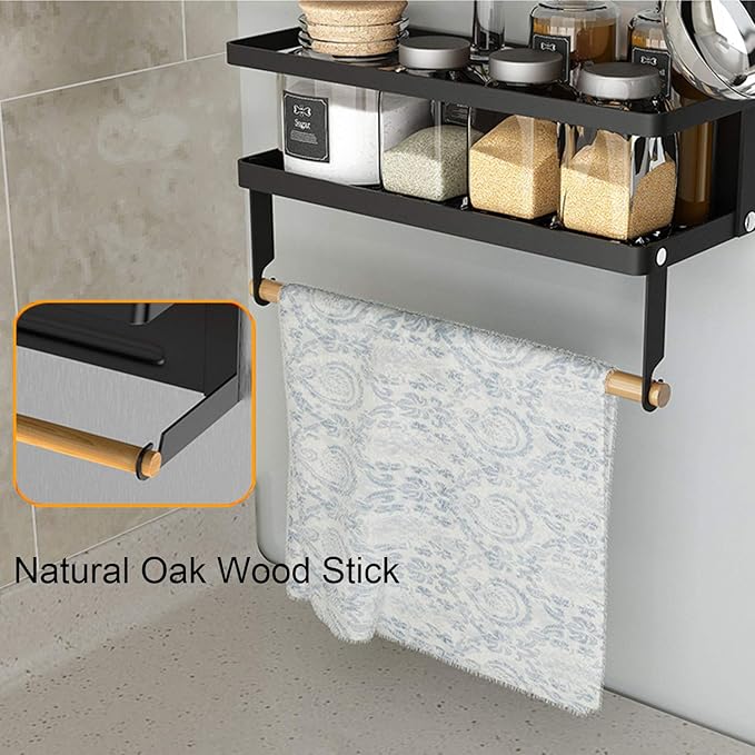 EASTTOWEST Magnetic Spice Rack,4 Tier Kitchen Magnetic Shelf for Refrigerator Fridge Organizer with 2 Paper Towel Holders and 5 Removable Hooks,Matte Black
