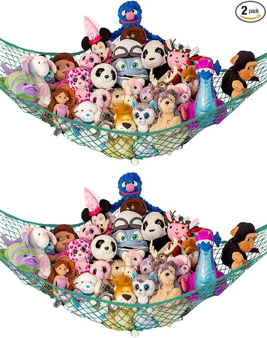 Stuffed Animal Hammock 2 Pack | Corner Stuffed Animal Storage & Plushie Net | Toy Hammock for Stuffed Animals | Holds 12lbs | Easy Hang, All Hardware Included | Green Bedroom Decor | by Lilly's Love