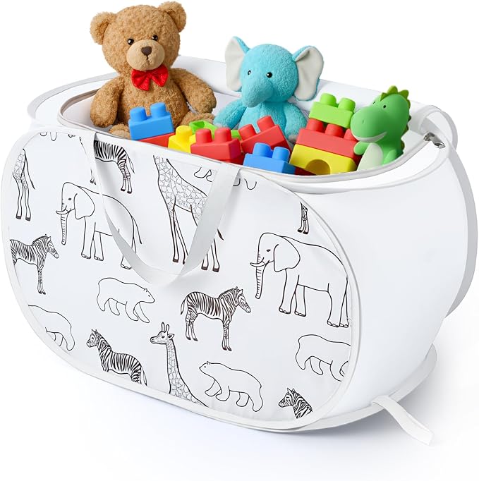 Collapsible Toy Box with Zipper Lid- Stuffed Animal Storage Basket White | Sturdy Foldable Toy Basket, Lightweight, Easy-Carry Handles, Space-Saving, Animal Print, for Kids Room, Playroom, Bedroom