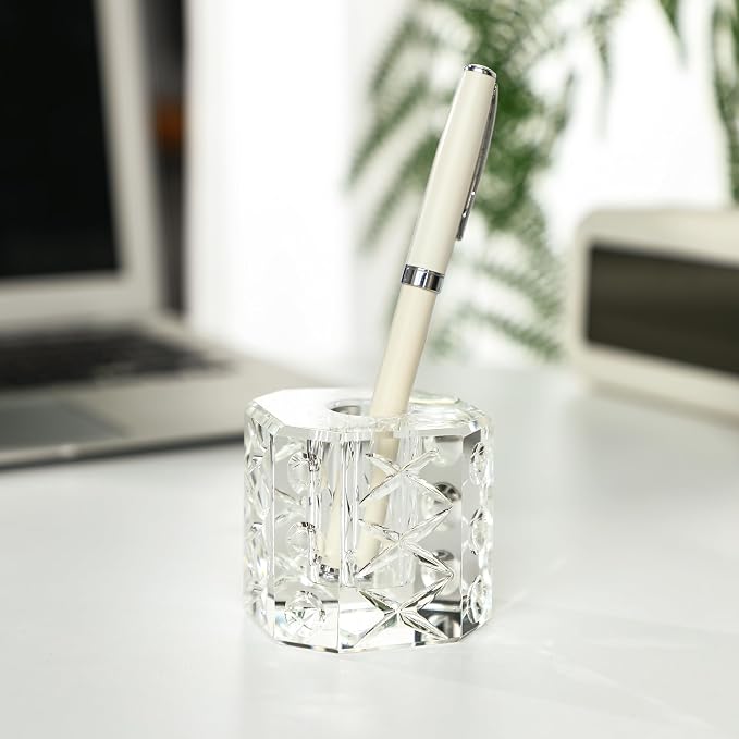 QFkris Fancy Crystal Single Pen Holder for Desk, Glass Fountain Pen Stand, 2.2" Feather Pencil Holder for Office Desktop Decoration, Gift for Man Woman Students Teachers Father Boyfriend