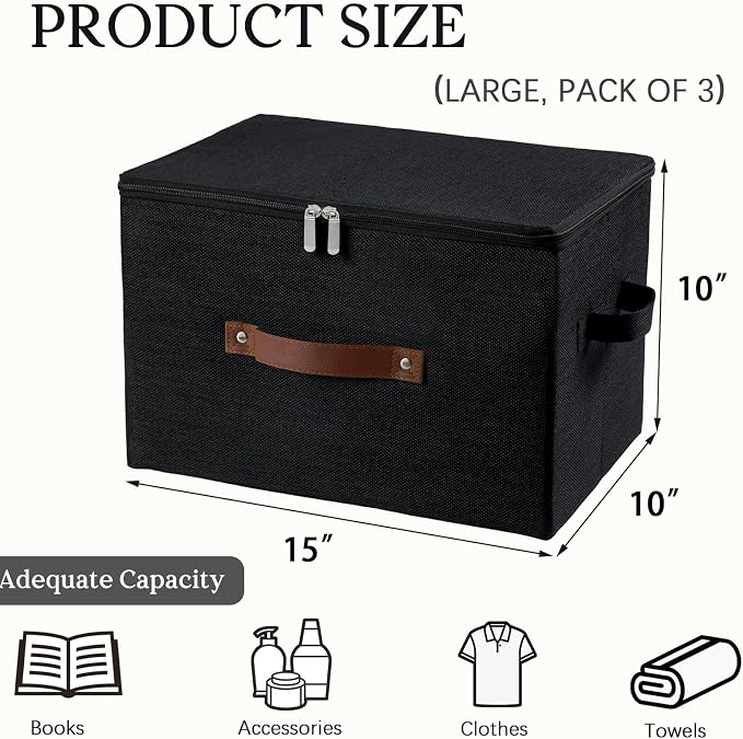 3 Pack Storage Bins with Zipper Lid Fabric Lidded Storage Boxes Baskets Cubes Washable Collapsible PU Leather Handle Cotton Linen Fabric Shelf Closet Organizer Container(Black, Large Size)