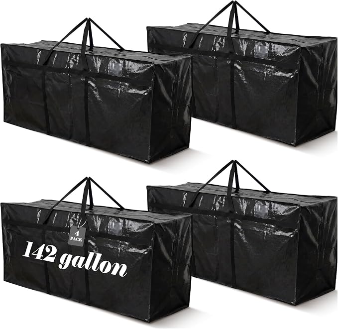 Windyun 4 Pack 142 Gallon Extra Large Moving Bags XXL Heavy Duty Storage Bag with Strong Zipper Handle Jumbo Big Tote Box Foldable for College Dorm Travel Clothes Duffle Blanket Pillow(Black)