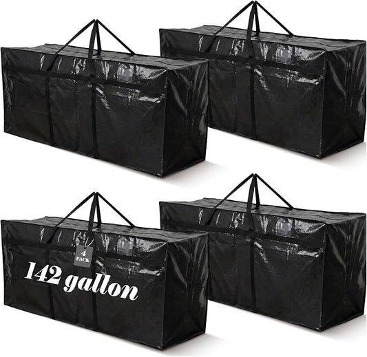 Windyun 4 Pack 142 Gallon Extra Large Moving Bags XXL Heavy Duty Storage Bag with Strong Zipper Handle Jumbo Big Tote Box Foldable for College Dorm Travel Clothes Duffle Blanket Pillow(Black)