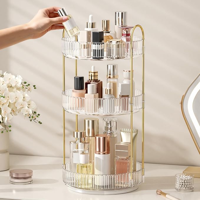 Oifecsie 360° Rotating Makeup Organizer, Large Capacity SkinCare Organizer, 3 Tier Cosmetic Skin Care Perfume Dresser Organizer, Fits Cosmetics, Perfume, Skin Care, Lipstick
