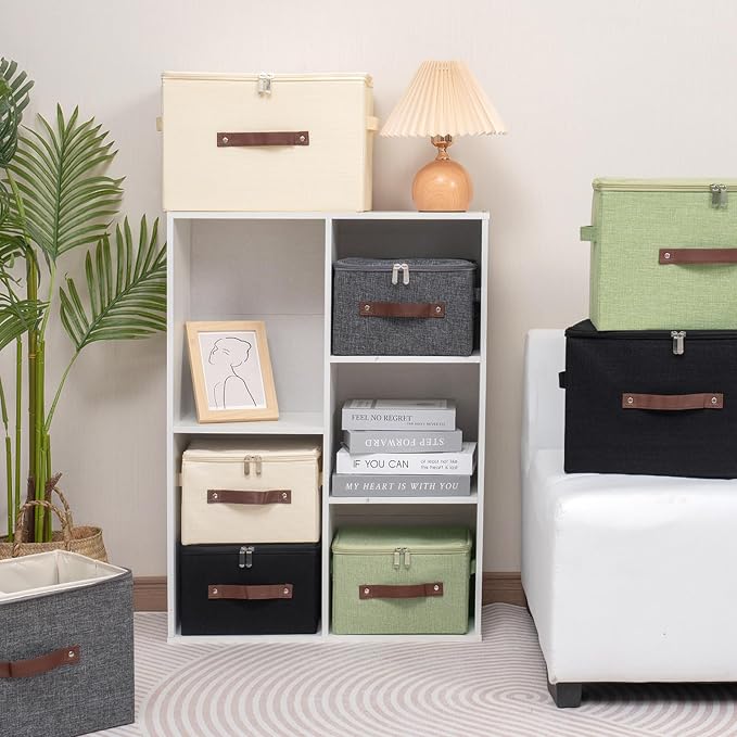 3 Pack Storage Bins with Zipper Lid Fabric Lidded Storage Boxes Baskets Cubes Washable Collapsible PU Leather Handle Cotton Linen Fabric Shelf Closet Organizer Container(Beige, Small Size)