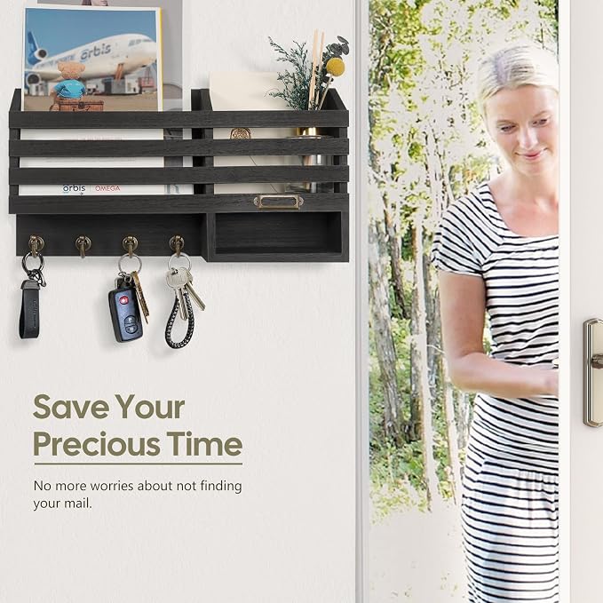 FifthQuarter Key Holder for Wall: Easy Mounted Key Rack and Mail Organizer with Store Shelf and Four Sturdy Keys Hooks Decor in Kitchen|Farmhouse|Entryway|Mudroom (Black)
