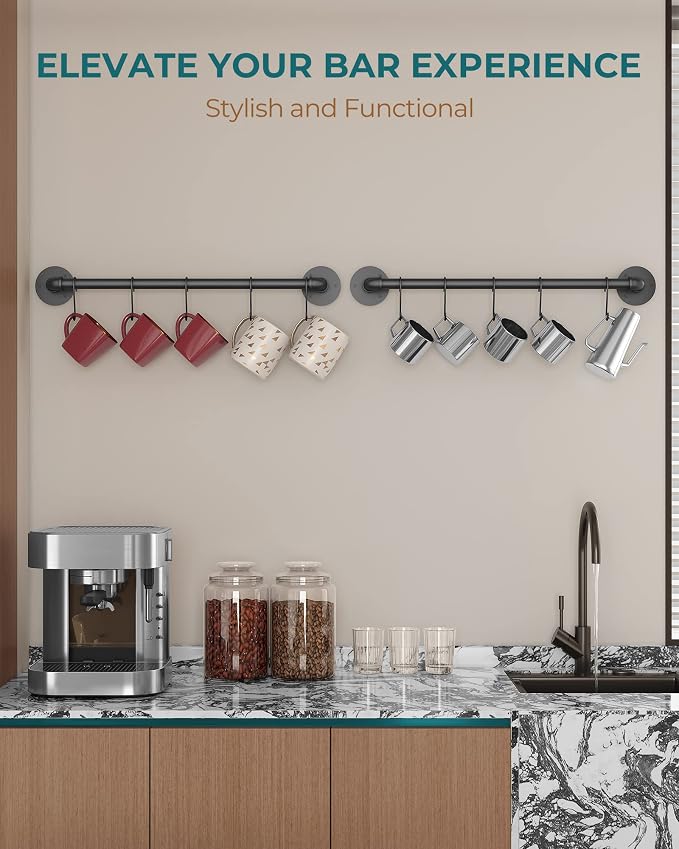 OROPY 21'' Pot Rack Wall Mounted, Iron Pipe Hanging Rack, 10 S Hooks, 2Pack | Industrial Utensils Kitchen Hanging Rail, Pot and Pan Organizer, Pot Lid Organizer, Black