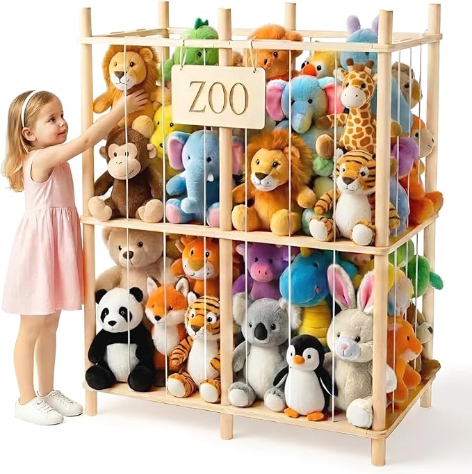 aiwo 30" Extra Wide Large Stuffed Animal Storage Toy Organizer, 38.4" Tall Wooden Display Organizer Holds 70+ Plushies for Kids Room, Playroom, Bedroom, Nursery Decor