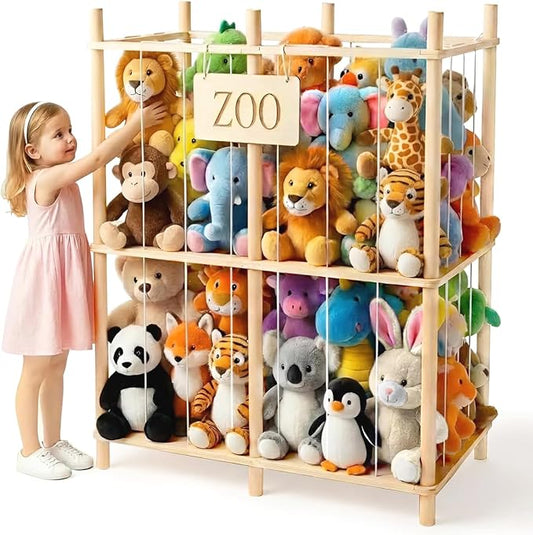 aiwo 30" Extra Wide Large Stuffed Animal Storage Toy Organizer, 38.4" Tall Wooden Display Organizer Holds 70+ Plushies for Kids Room, Playroom, Bedroom, Nursery Decor
