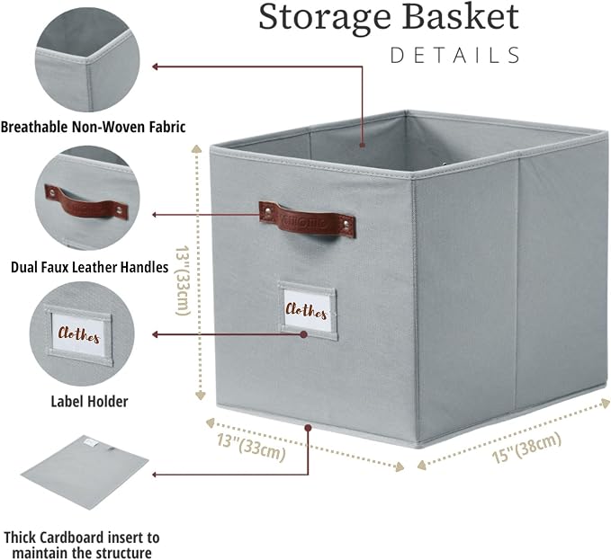 DECOMOMO Storage Bins, Storage Baskets for Shelves | 13" x 15" x 13" Storage Cube Bins with Labels for Organizing Shelves (Kallax, 4pcs, Grey)