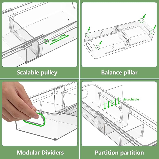 BLULEE 4-in-1 Expandable Drawer Organizer Set, Adjustable Clear Bins | with Dividers for Kitchen, Bathroom, Vanity & Office, Scalable Trays for Cosmetics, Utensils & Desk Accessories (4 Pcs)