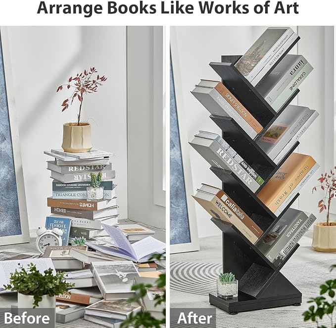 ruboka 9 Tier Tall Tree Bookshelf, Small Bookcase 11.8"*7.4"*38.4" (Black) | Retro Narrow Bookshelves for CDs/Magazines, Book Shelf for Bedroom, Living Room, Office, Balcony, Study Room