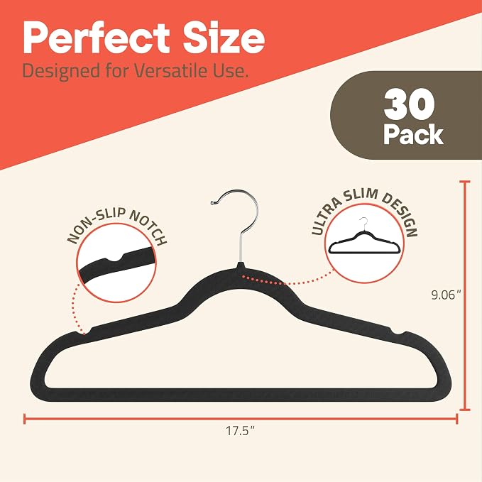 Black Velvet Hangers 30 Pack – 360° Swivel Hook, Non-Slip and Space Saving Hangers, Heavy-Duty 11 lbs Weight Capacity - Smooth Velvet Finish for Crease-Free Clothes and Effortless Closet Organization