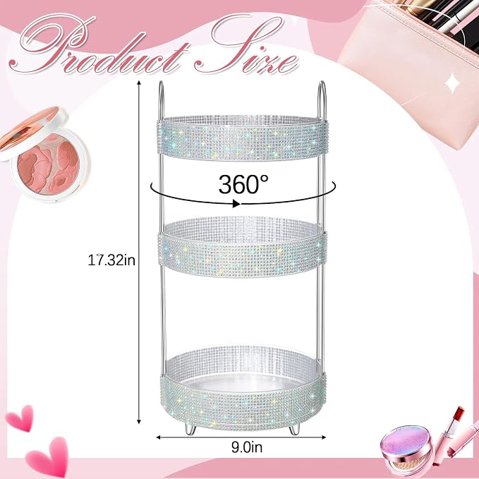 Honeydak 360 Rotating Perfume Organizer Gift for Women, Rhinestone Preppy Skincare Organizer Bathroom Counter Makeup Holder Skincare and Perfume Storage for Cosmetic(3 Tiers,Resin Diamond,AB Color)