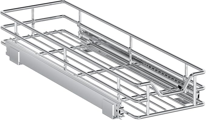 Pull Out Cabinet Organizer, 7.5" W x 21.5" D, Heavy Duty Chrome Slide Out Shelf for Narrow Base Cabinets, Sliding Wire Basket Drawer for Spices, Bottles, Snacks & Cleaning Supplies