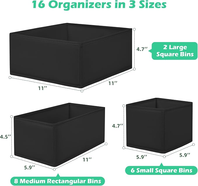 Drawer Clothes Organizer 16-Pack, Black 3 Sizes Underwear Drawer Dividers, Fabric Folding Wardrobe Organizer, Can Store Baby Clothes, Bras, Underwear, Panties, Belts, Socks, Ties