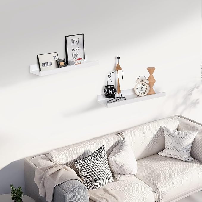 Muzilife 16" Floating Wall Ledge Shelves with Lip - Set of 2 Wood Floating Shelves - White Wall Mounted Picture Ledge for Office, Bathroom, Bedroom, Living Room, Kitchen