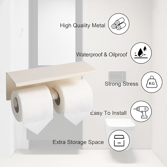 BGL Toilet Paper Holder with Shelf White Double Head Toilet Tissue Roll Holder 304 Stainless Steel Wall Mount for Bathroom