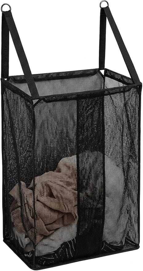 ALYER Wall Hanging Mesh Laundry Hamper,Poolside Toy Storage Baskets with Big Metal Support Opening,Hardware Included (Black)