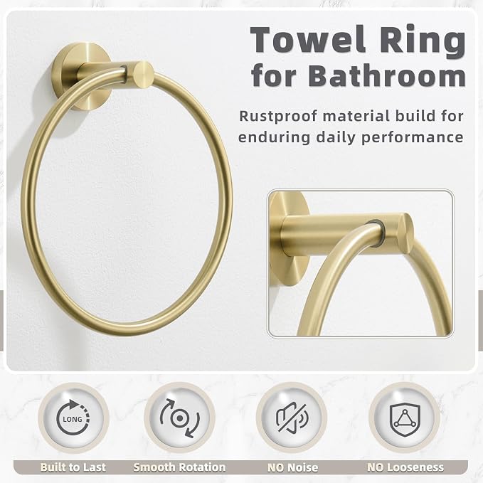 APLusee Brushed Gold Bath Towel Ring, 304 Stainless Steel Heavy Duty Towel Holder for Bathroom, Wall Mounted