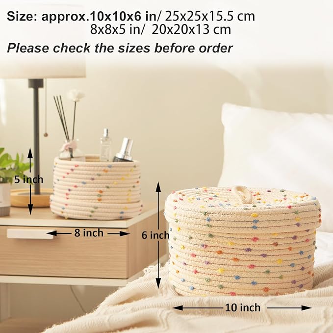 Esme L&H Round Storage Baskets with Lids,Small Storage Baskets Set of 2,Cotton Rope Woven Storage Basket,Small Decorative Basket, Colorful Rainbow Pompom, Cute Storage Bins, Box for storage