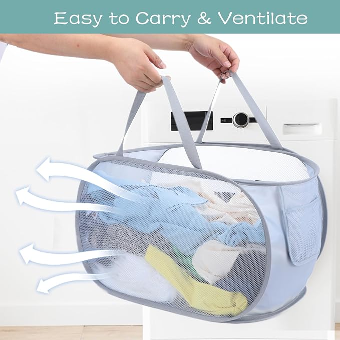 4 Pcs Popup Mesh Laundry Basket, Laundry Hamper with Side Pocket Foldable Storage Basket with Durable Handles for Bathroom Travel Dorm