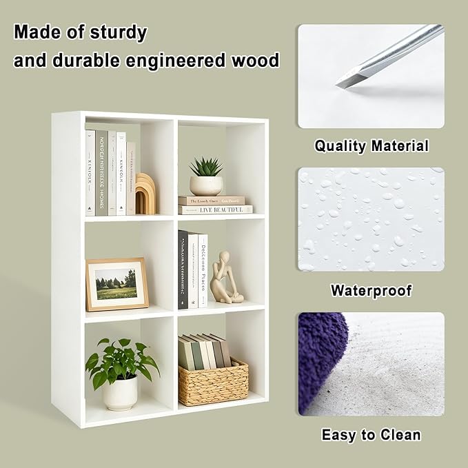 6 Cube Shelf Bookcase, White, 11in | Anti-Tipping Kits, Reversible Open Back, Multi Layer Multi Grid Partition Layout