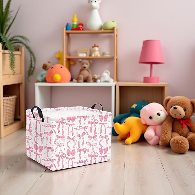 Rectangular Kids Storage Basket for Home Kitchen Girls Cute Storage Bin Organizer Shelf Book Room Decor(Pink Bowknot)