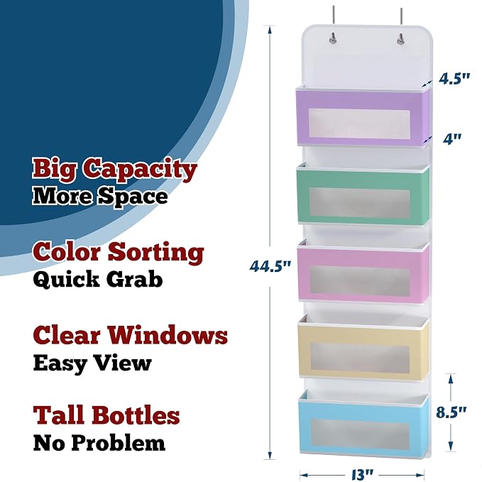 Simple Houseware 5 Clear Window Pocket Over Closet Door Storage Hanging Organizer for Bedroom, Bathroom, Pantry, Colorful