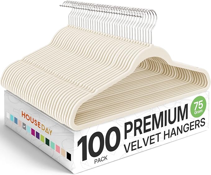 HOUSE DAY Premium Velvet Hangers 100 Pack, Non-Slip Clothes Hangers Ivory - Durable and Sturdy Felt Hanger, Velvet Hanger for Coat, Pants & Dress Slim Space Saving for Closet Organizer