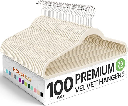 HOUSE DAY Premium Velvet Hangers 100 Pack, Non-Slip Clothes Hangers Ivory - Durable and Sturdy Felt Hanger, Velvet Hanger for Coat, Pants & Dress Slim Space Saving for Closet Organizer