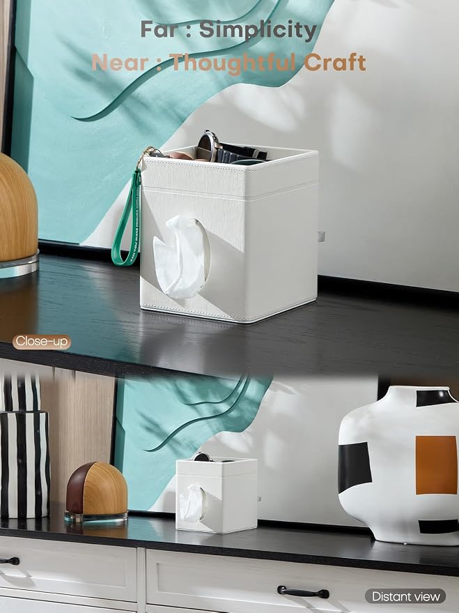 Square Tissue Box Cover Holder with Tray for Kleenex/Puffs Cubes | Gift-Ready for Entryways & Vanities | Stardust Black/Polar Ice/Liquid Iridium | Patented Metal-Look PU Leather-Polar Ice