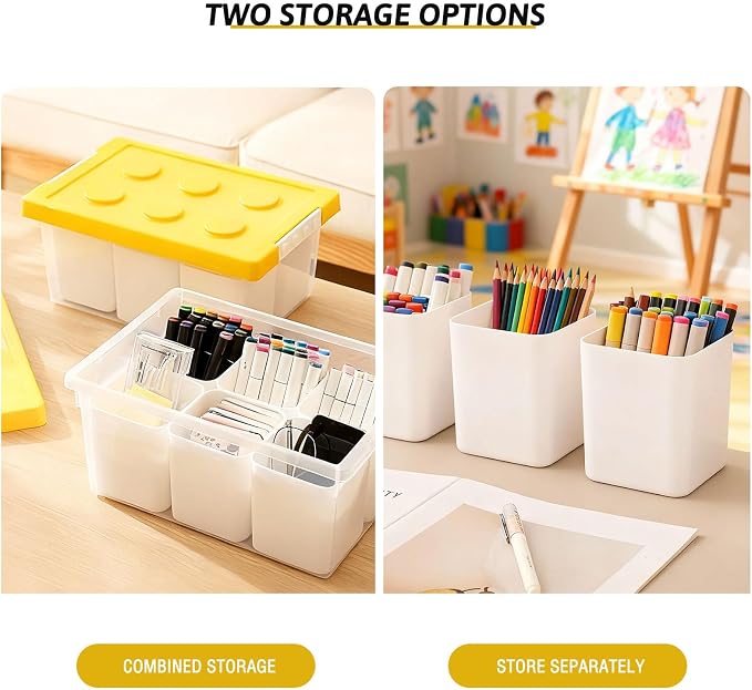 Plastic Storage Bins with Lids, Art Craft Supply Organizer Box with Brush Pot, Multipurpose Stackable Storage Containers for Organizing Tool, Craft, Crayon,Sewing(Yellow)