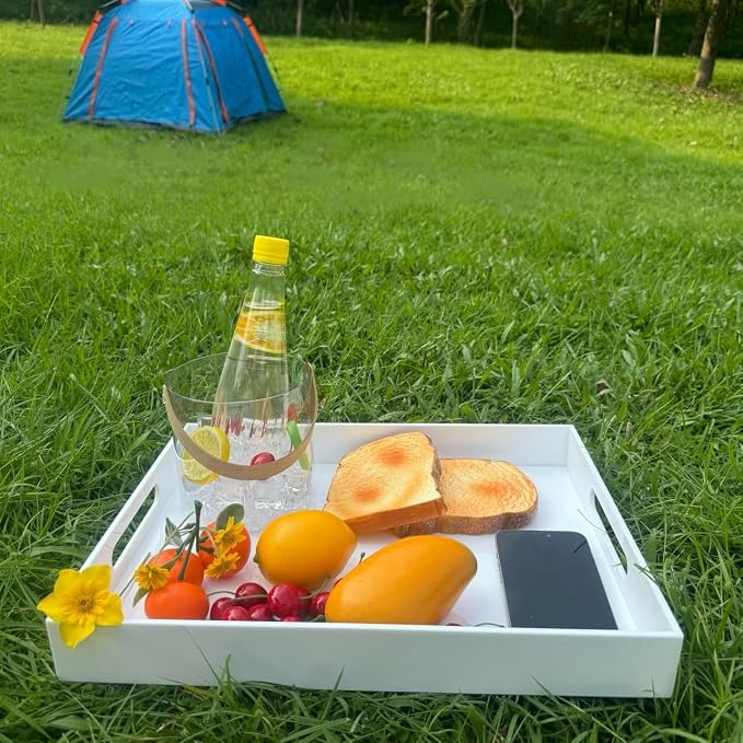 KEVLANG Glossy White Acrylic Serving Tray, 12x16Inch, Sturdy Kitchen Countertop Organizer, Decorative Vanity Table Tray, Ottoman Tray, 3/16 inch Thickness