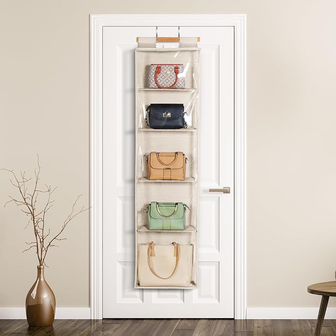 Syeeiex Hanging Handbag Purse Organizer with Zippers, 5 Mesh Shelves,Clear Slubbed Fabric+PVC Hanging Closet Bag Organizer, Dustproof Handbag Closet Tote Storage Bag for Door, Wardrobe, Beige