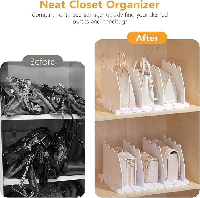 Ronlap Purse Storage Organizer for Closet White Shelf Dividers Rack, 4 Pack | White separators keep handbags, totes, clutches & purses upright & visible on shelves for closet storage and organization